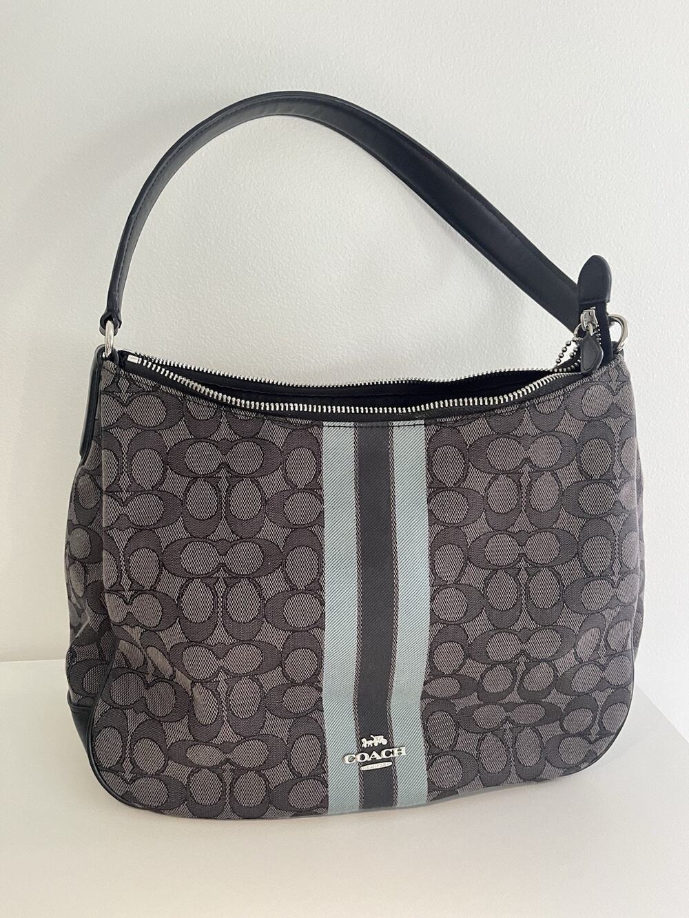 Authentic COACH 39042 Signature C Jacquard Stripe Hobo Shoulder Bag Black Tote